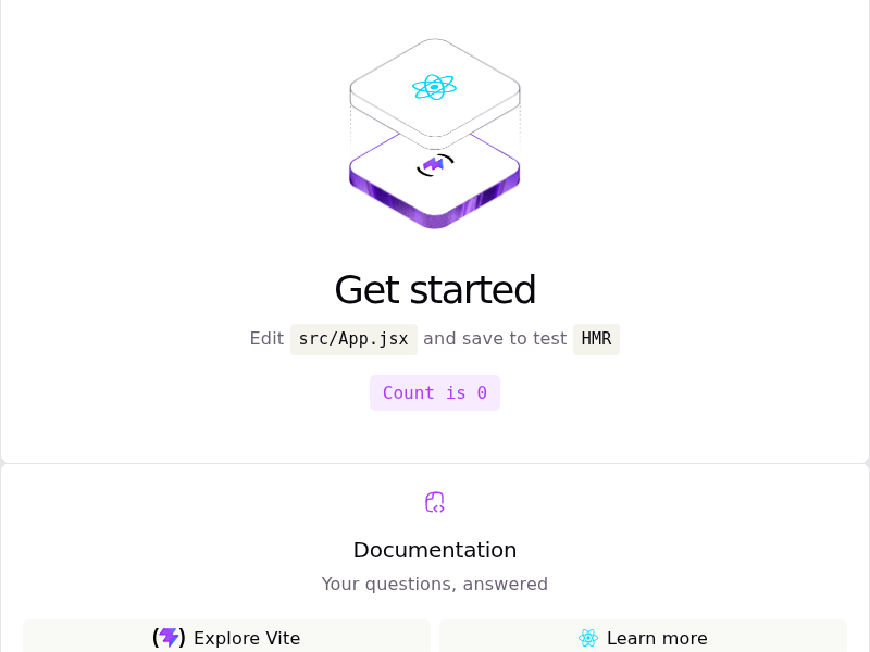 Viteのウェルカム画面。ReactとViteのロゴが表示されている