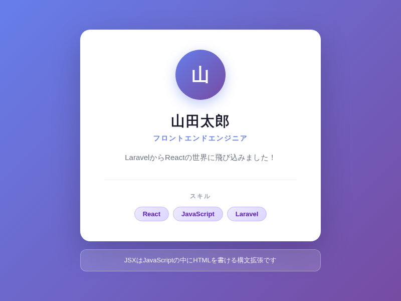 自己紹介カード。名前、年齢、趣味リストが表示されている